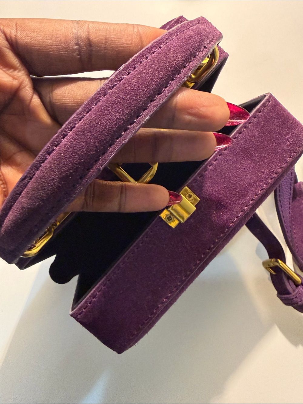 Brandon Blackwood Deep Purple Suede Top Handle Box Bag with Gold Hardware - Picture 7 of 10